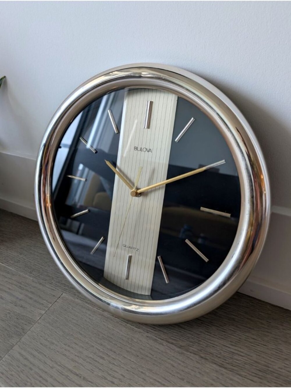 Vintage Bulova Wall Clock Beige Black Stripes Retro Analog Quartz